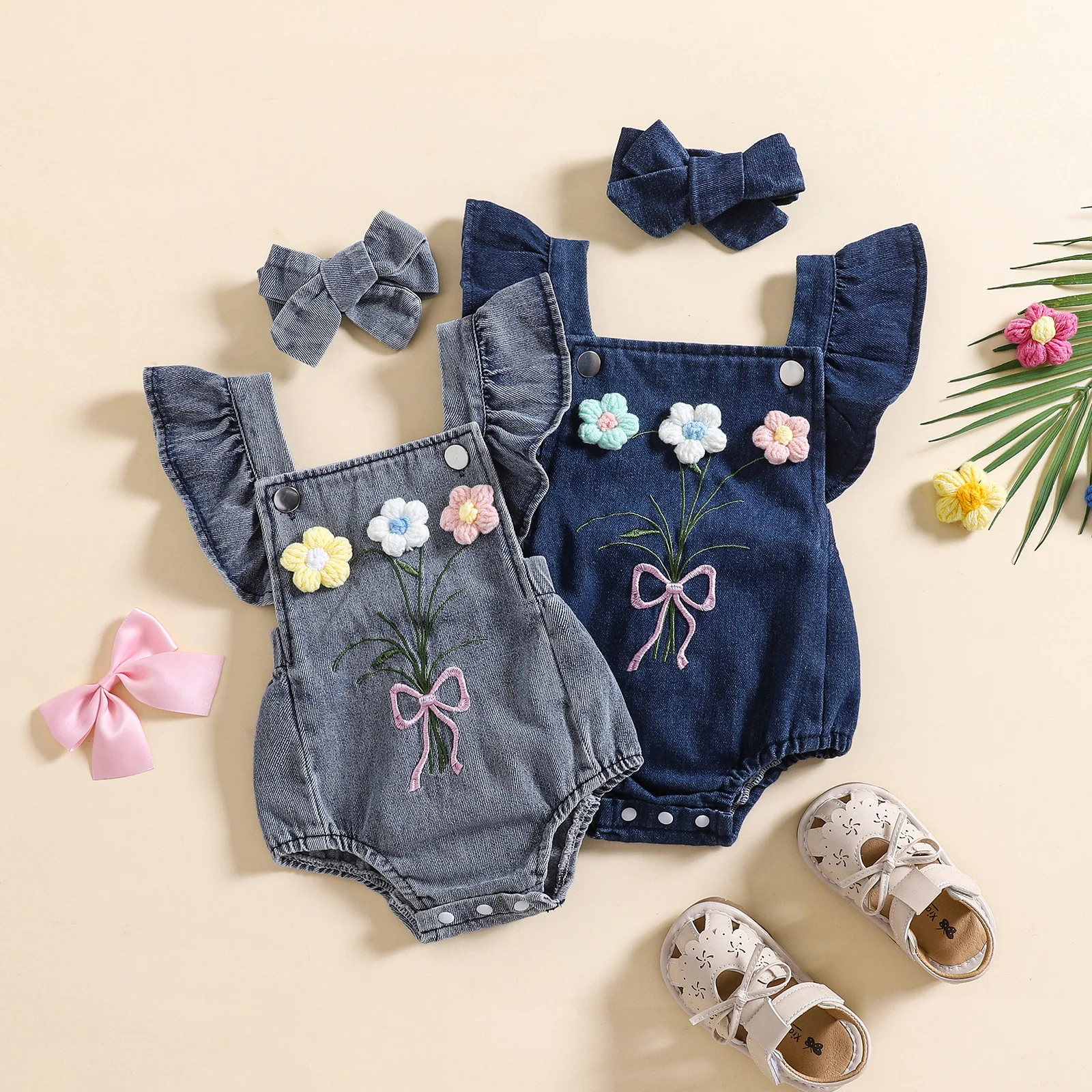 

Baby Toddler Three-dimensional Flower Suspender Romper 2025 Spring Summer Lotus Leaf Edge Triangular Jumpsuit