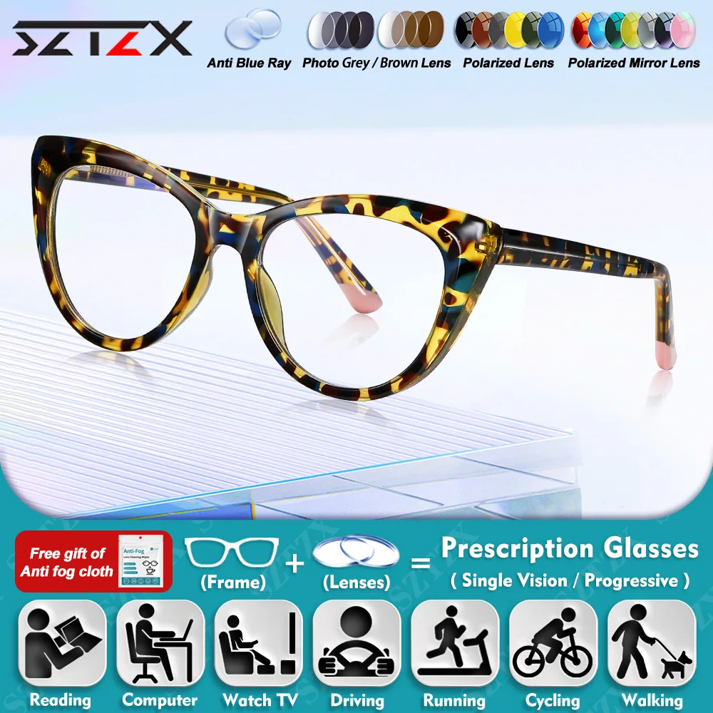 

SZTZX Versatile Women Cat Eye Myopia Prescription Glasses Simple Anti Blue Light Women Photochromic Progressive Reading Eyeware