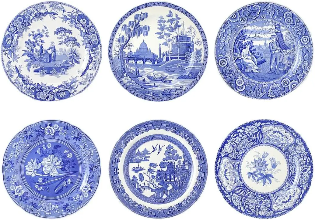 Spode Blue Room Collection Plates Set of 6 Dinner, Salad, Pasta, and Appetizer Plate 10.5-Inch Fine Earthenware Microw