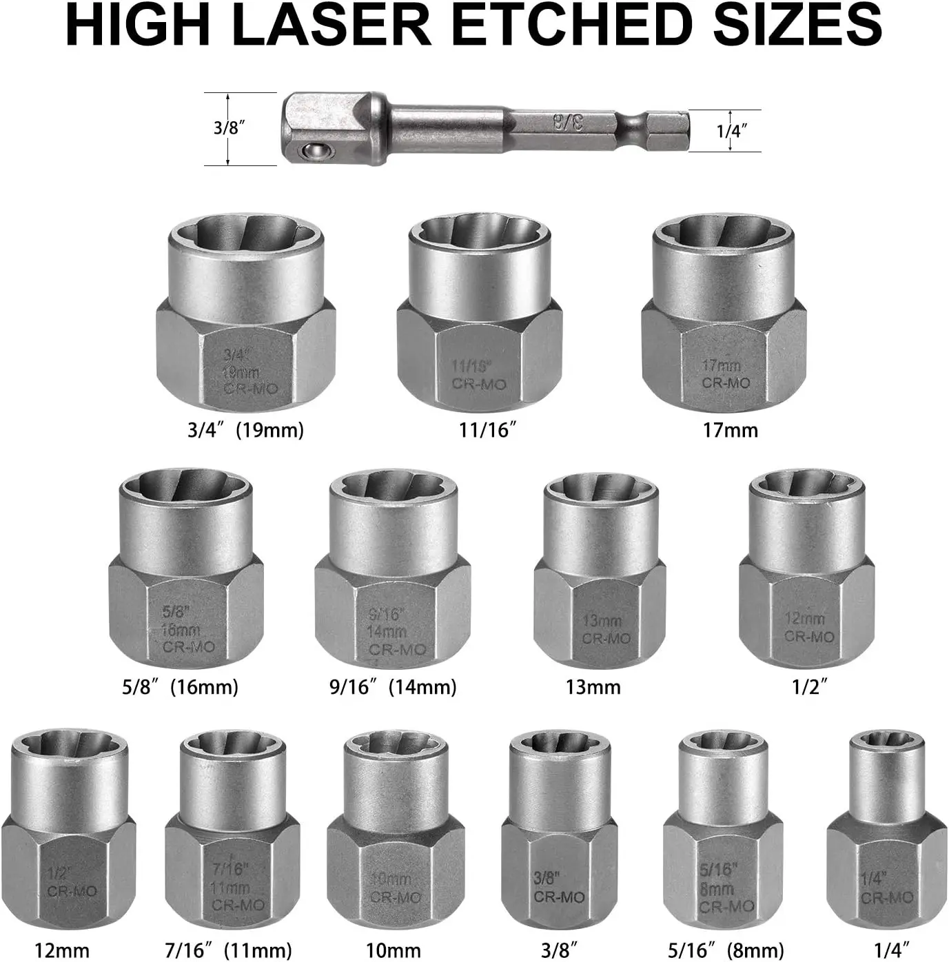 14Pcs Impact Bolt and Nut Extractor Tool Set Damaged Stripped Lug Remover Universal Socket Wrench Kit for Removing Rounded Frozen Fasteners Heavy Duty Hand Tools view 6
