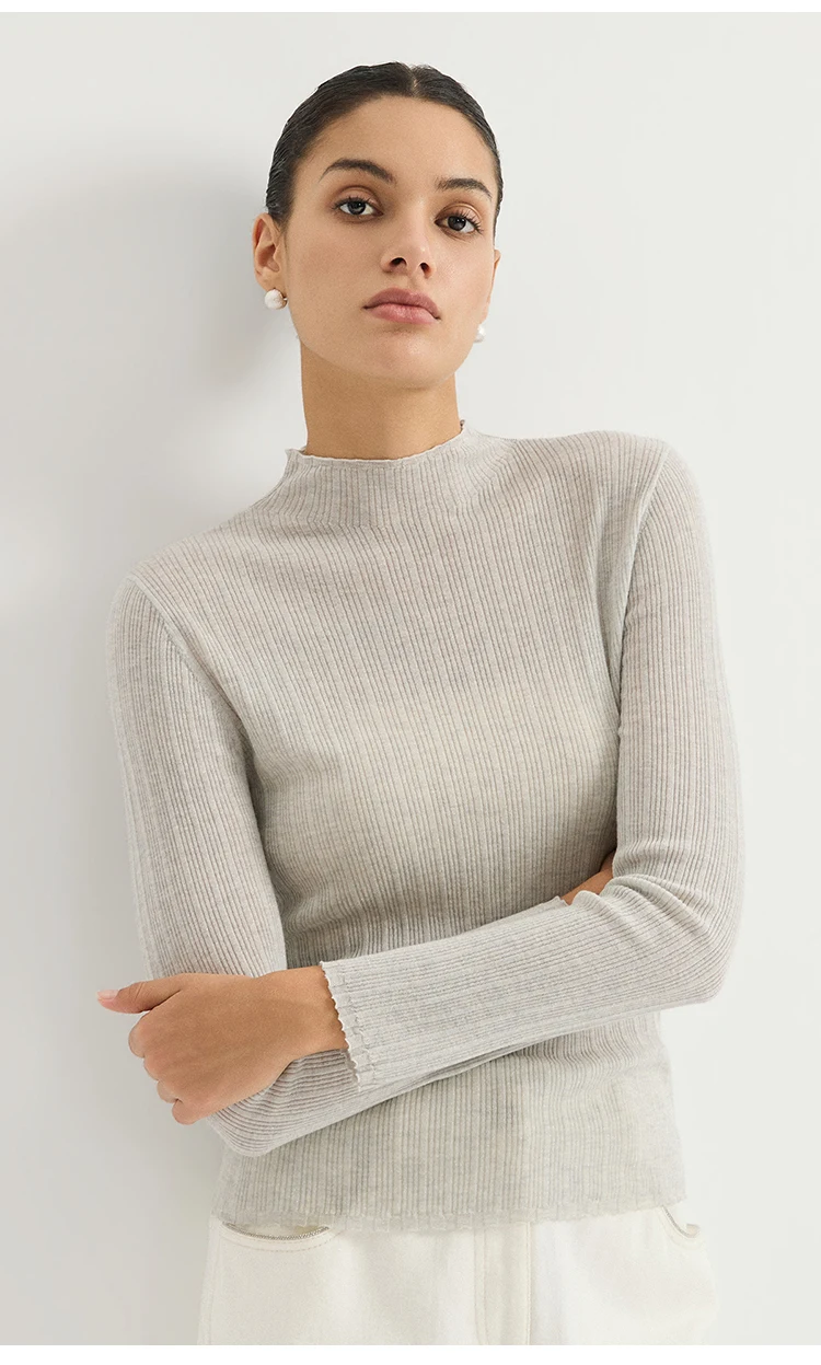 BL3621732 Damen-Pullover mit Stehkragen aus Wollmischung, Lurex, gerippt, langärmelig, mit Wellenkragen, seitlicher Kette und metallischem Glanz für den Herbst – Detail 5