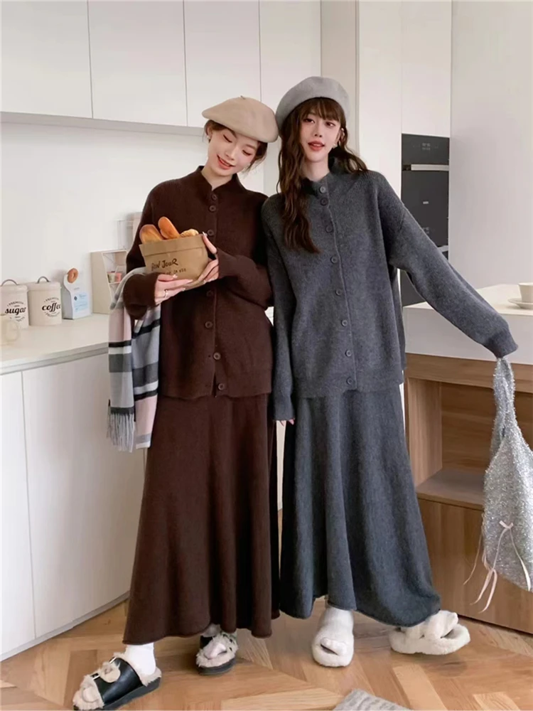 Colorfaith WS6611JX 2024 Oversized Knitted Sets 2 Pieces Korean Fashion Cardigans With Long Skirts Spring Autumn Women Suits