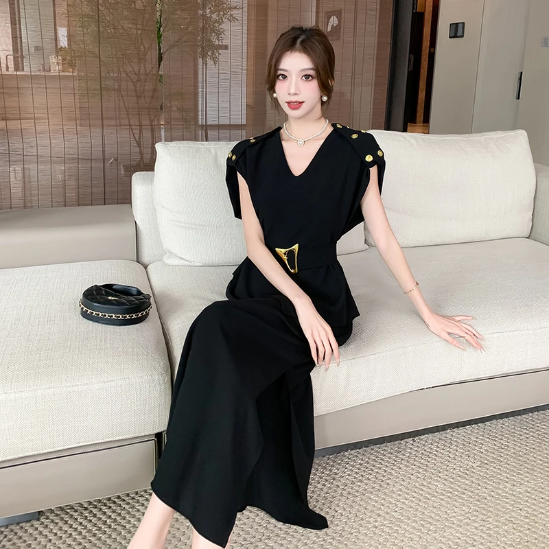 New Elegant Chic Women V Neck Black Midi Dress 2024 Fashion Summer Short Sleeve Irregular Split Ladies Office Belt Long Vestidos