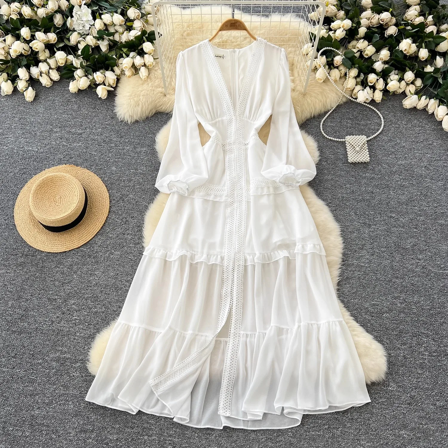 Elegante kant gesplitst chiffon verjaardag prom witte jurken dames v-hals lange lantaarn mouw bruiloft feestjurk vestido de mujer