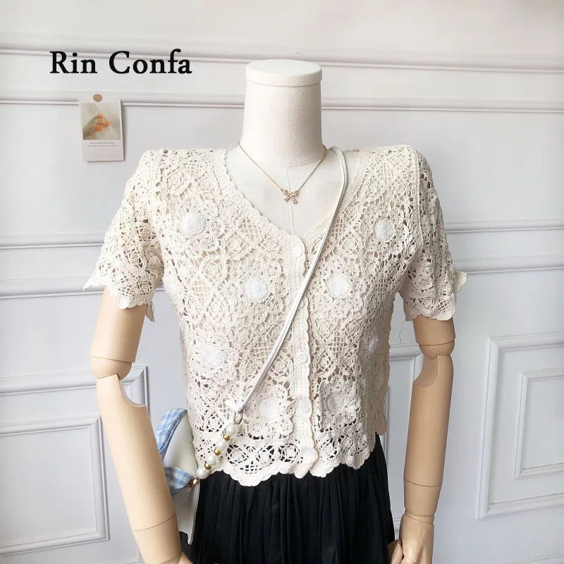 Rin Confa Korean Version Chic Cardigan Short Sleeves Top Hook Flower Hollow Out V-Neck Top Women  Knitting Sun-Proof T-Shirt