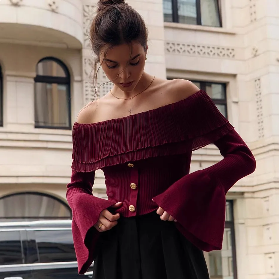 French Knit Top Off Shoulder Knitwear Button Patchwork Blouse Tops Sweaters