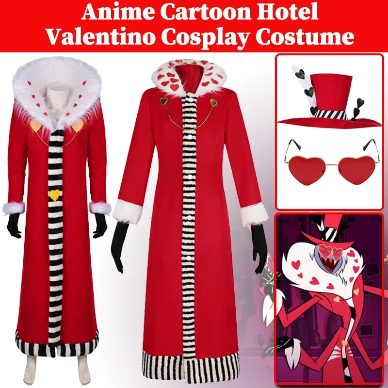 

Valentino Cosplay Anime Cartoon Hell Inn Roleplay Costume Men Role Long Red Coat Gloves Boys Adult Men Halloween Party Suit