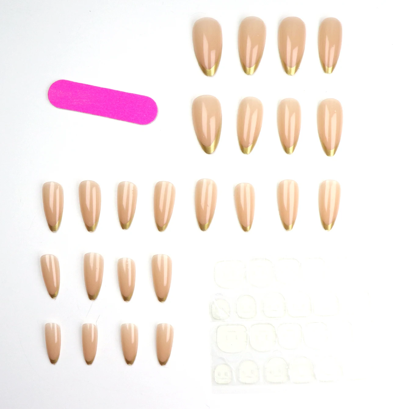 24-teiliges Künstliches Nagelset „Upgrade Your Look With Golden Edge Mandel“, vollständige Abdeckung, 1 Nagelfeile und 1 Nagelkleber-Aufkleber-Set für Nägel