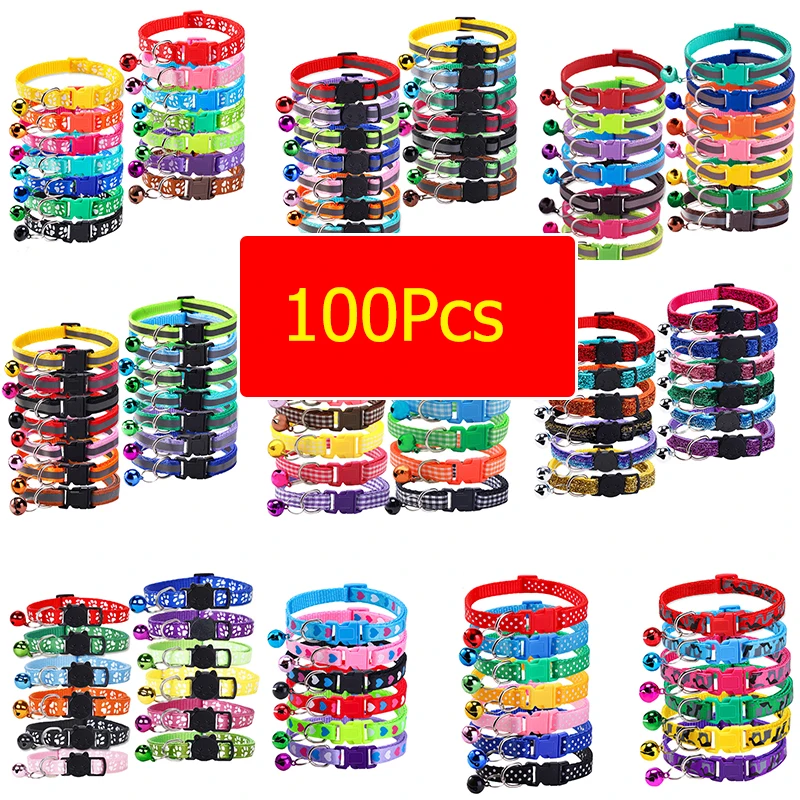 

100Pcs Dog Collar with Bells Adjustable Customize Necklace Puppy Kitten Collar Accessories Pet Shop Products Rabbit Neck Strap