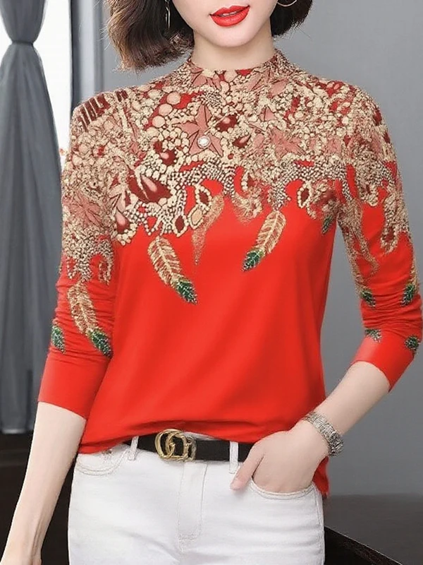 

Элегантная утепленная флисовая кофта с длинным рукавом, воротником-стойкой и принтом, приталенная, для женщин среднего возраста и для мам.