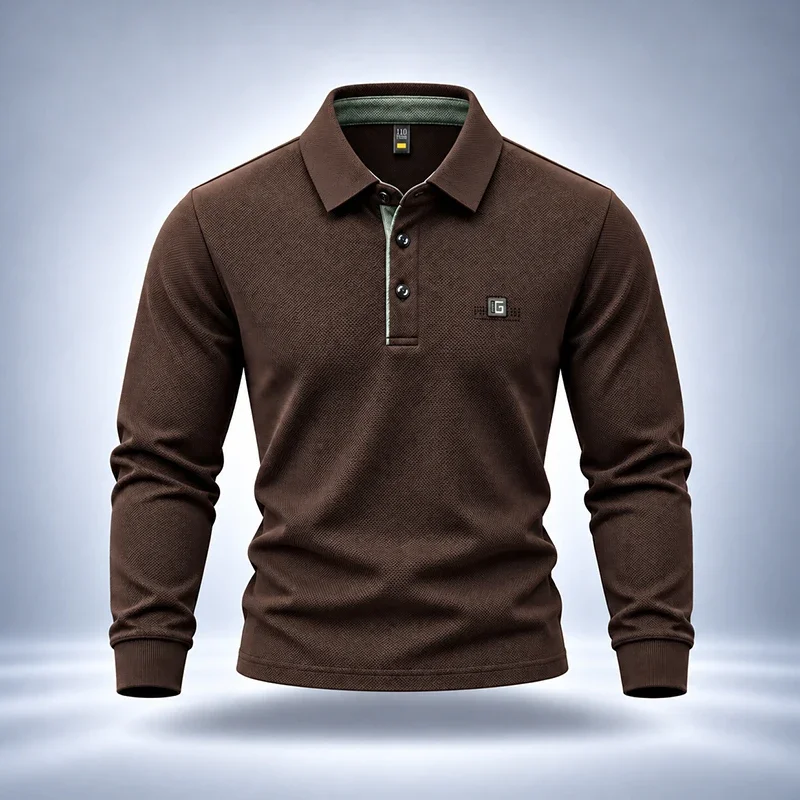 Mens Long Sleeve Polo Shirt Lapel Collar Three Button Placket Small Chest Embroidery Logo Textured Fabric Soft Casual Daily Tops