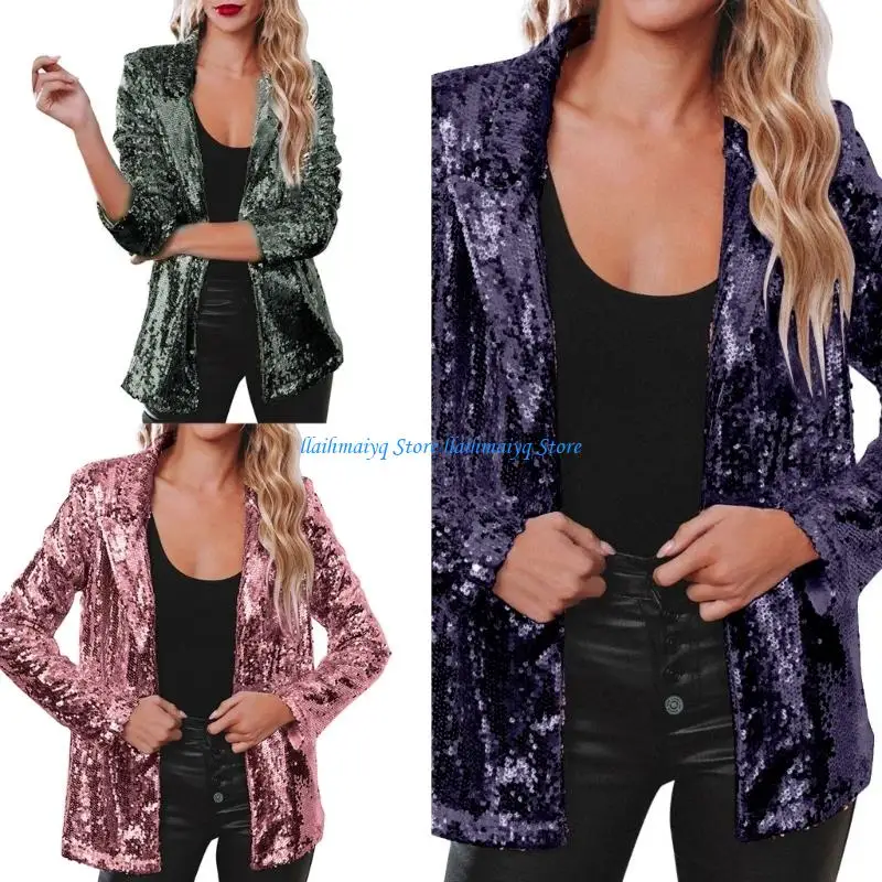 573B Casual Long Sleeve Sequined Jackets Cardigan for Women Evening Party Coat