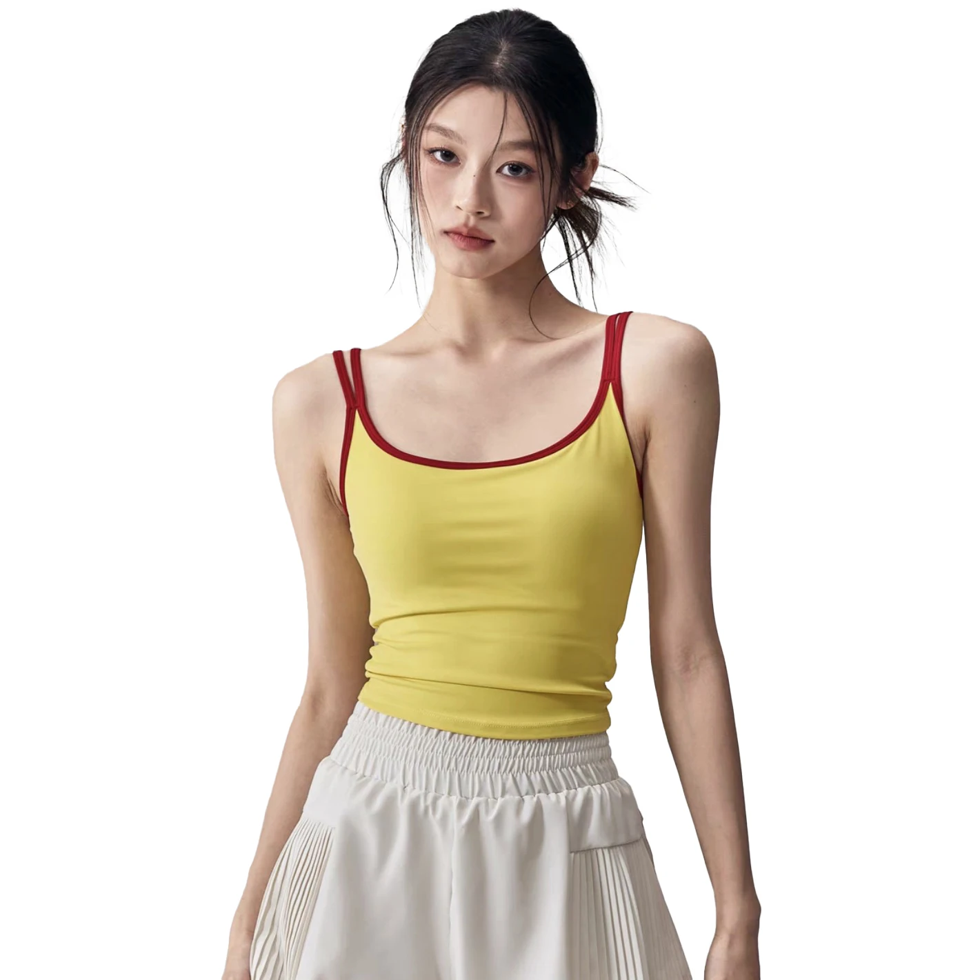 

Women Yoga Vest with Built-in Pads Slimming Sleeveless Pilates Back Revealing Fitness Tops Contrast Color Shoulder Straps