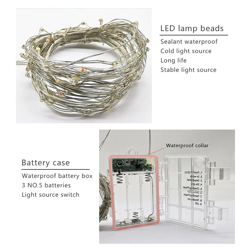 Imagem -03 - Prata Led Luzes da Corda Guirlanda de Fadas Natal Decoração Luzes Controle Remoto à Prova Dremote Água Fonte Alimentação da Bateria 50led 100led