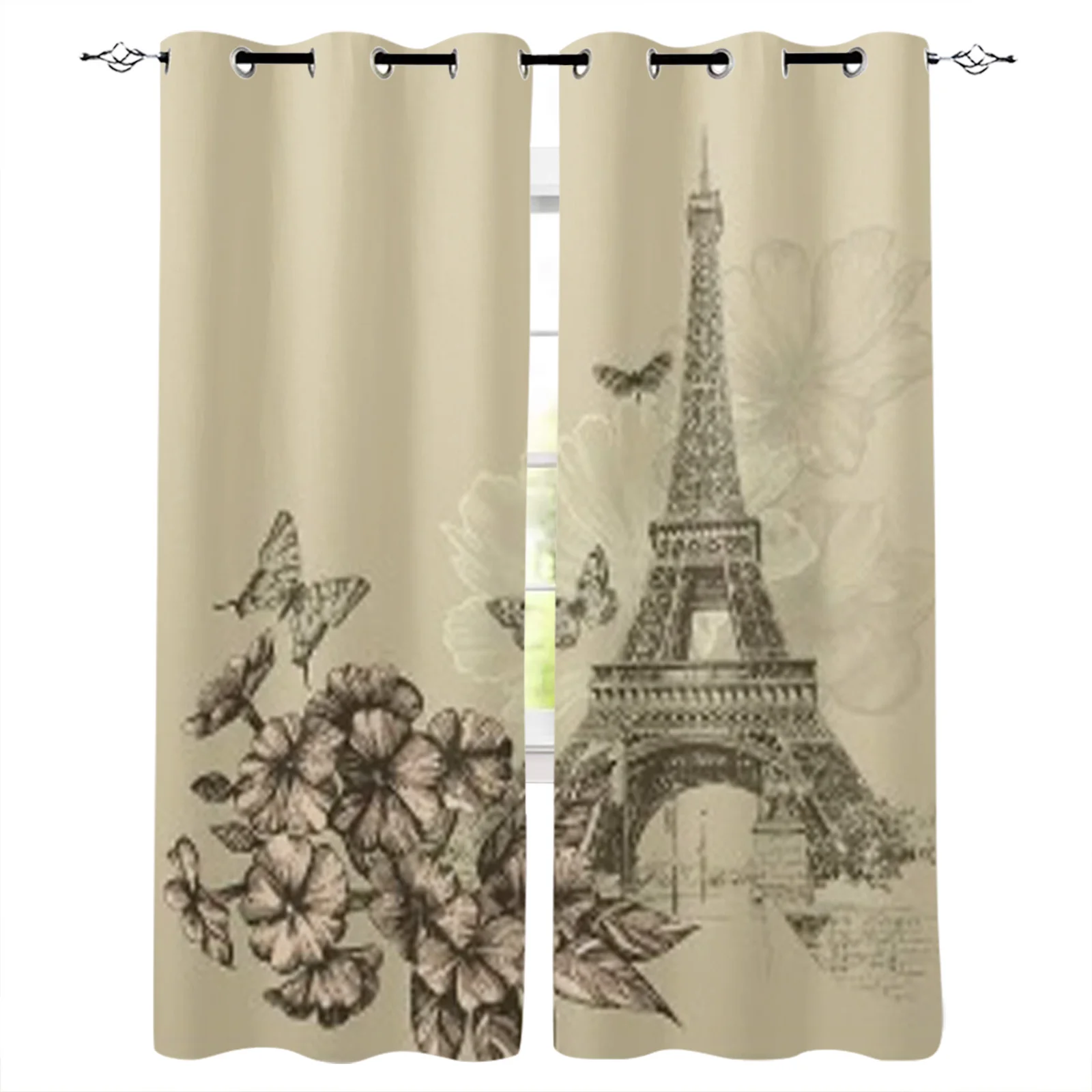 Vintage Background With Eiffel Tower And Blooming Phlox Window Curtains For Home Living Room Bedroom Decorative Curtains Drapes