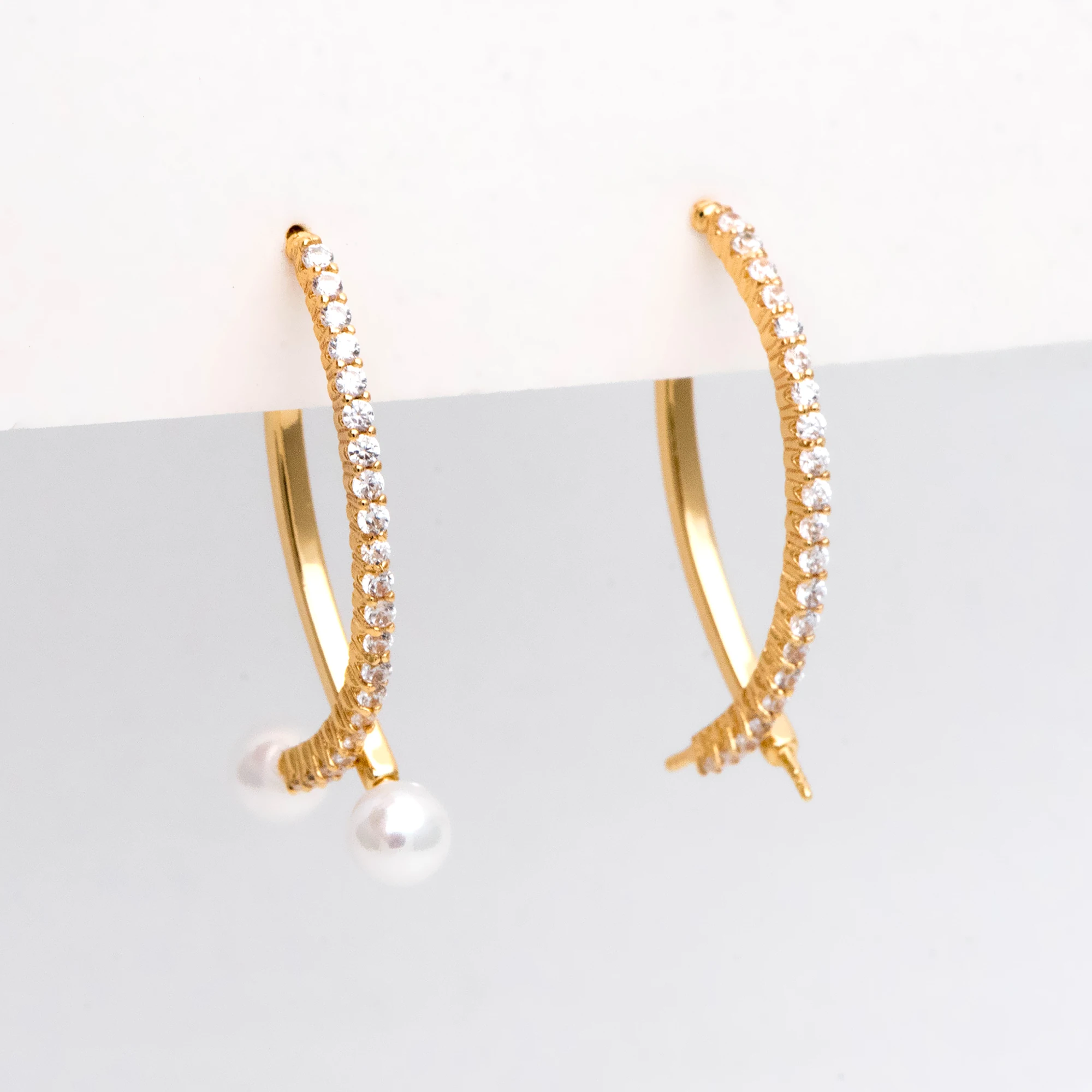 4pcs CZ Paved Gold Curved Bar Ear Posts With Ear Back Stopper, Half Drilled Pearls Earring Settings (GB-2984)