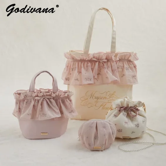 Japanese New French Embroidered Rose Ribbon Lotus Leaf Lace Canvas Tote Bag Sweet Women Girls Shoulder Bag Portable Handbags