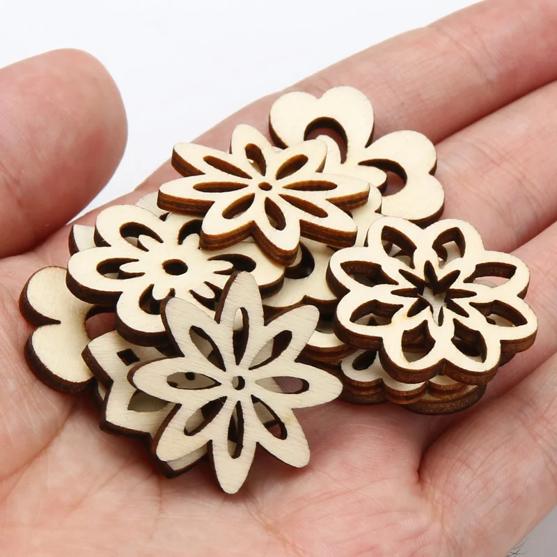 20pcs Wooden Embellishments Flower Shape Cutouts DIY Scrapbooking Crafts Wooden Discs Wood Slice Ornament Home Decoration