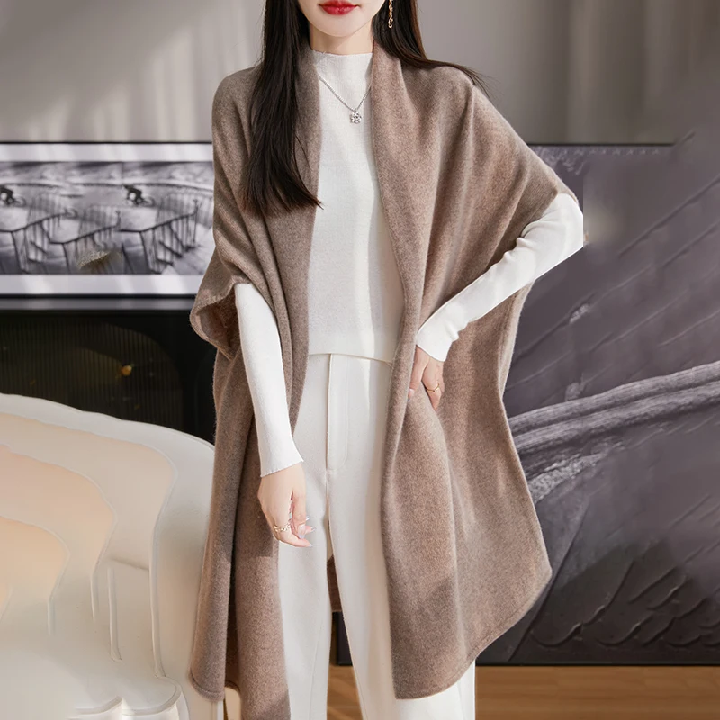 High end 100% pure wool shawl, paired with women's long fashionable cape, sweater, cardigan jacket autumn knitted cashmere shawl