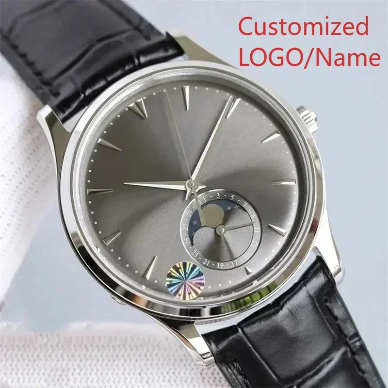 ساعة يد ميكانيكية أوتوماتيكية فاخرة للرجال من الفولاذ المقاوم للصدأ باللون الأسود والأزرق من الجلد MoonPhase ساعة يد رياضية مخصصة