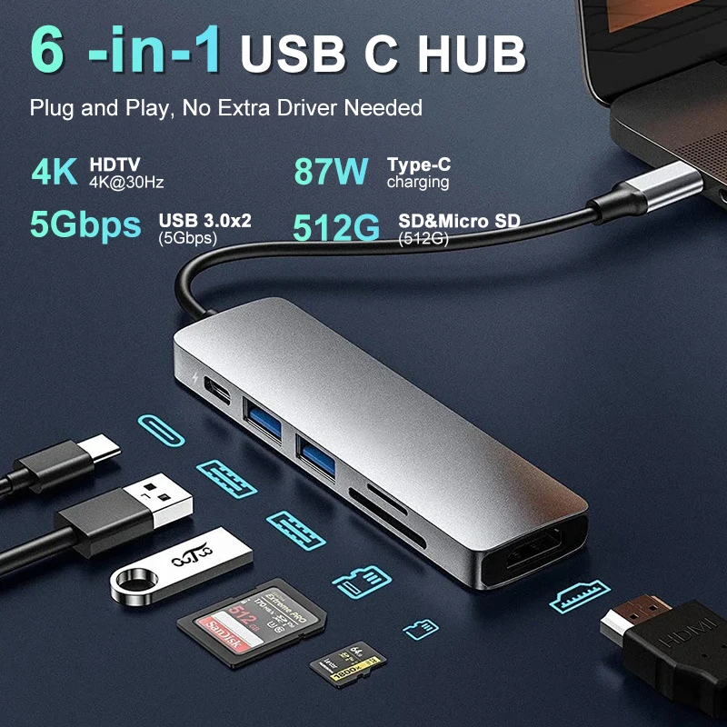 6-in-1 USB C HUB 4K 30Hz Type C to HDMI-compatible PD SD TF Card Reader USB Splitter Adapter for MacBook Air Pro Multi Converter