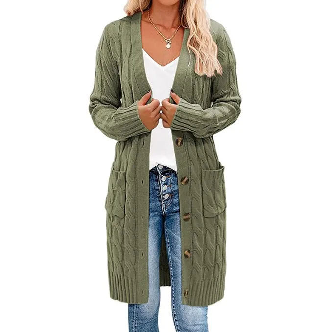 Women's Cardigan Fried Dough Twists Sweater Solid Button Pocket Cardigan Coat Autumn Winter 2024