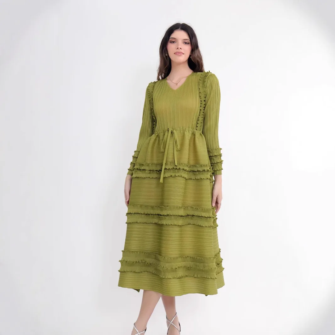 Miyake Pleated Loose Versatile Dress Solid Color Hand Cranked Flower Round Neck Cake Long Evening Dresses Women's Clothing