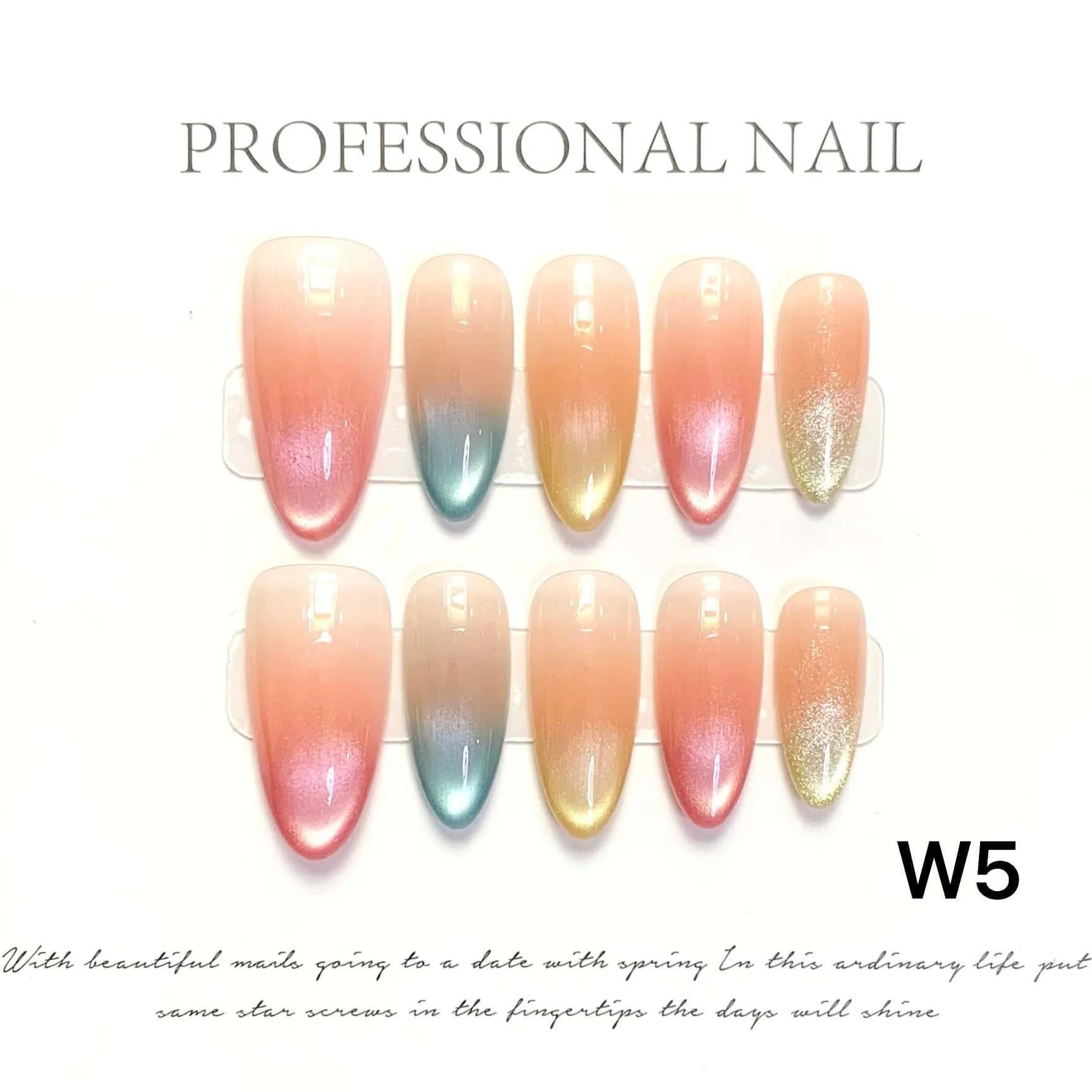 10 pçs luxo amêndoa unhas arco-íris olho de gato imprensa em unhas design simples para qualquer ocasião artesanal unhas falsas com ferramentas de 4 peças