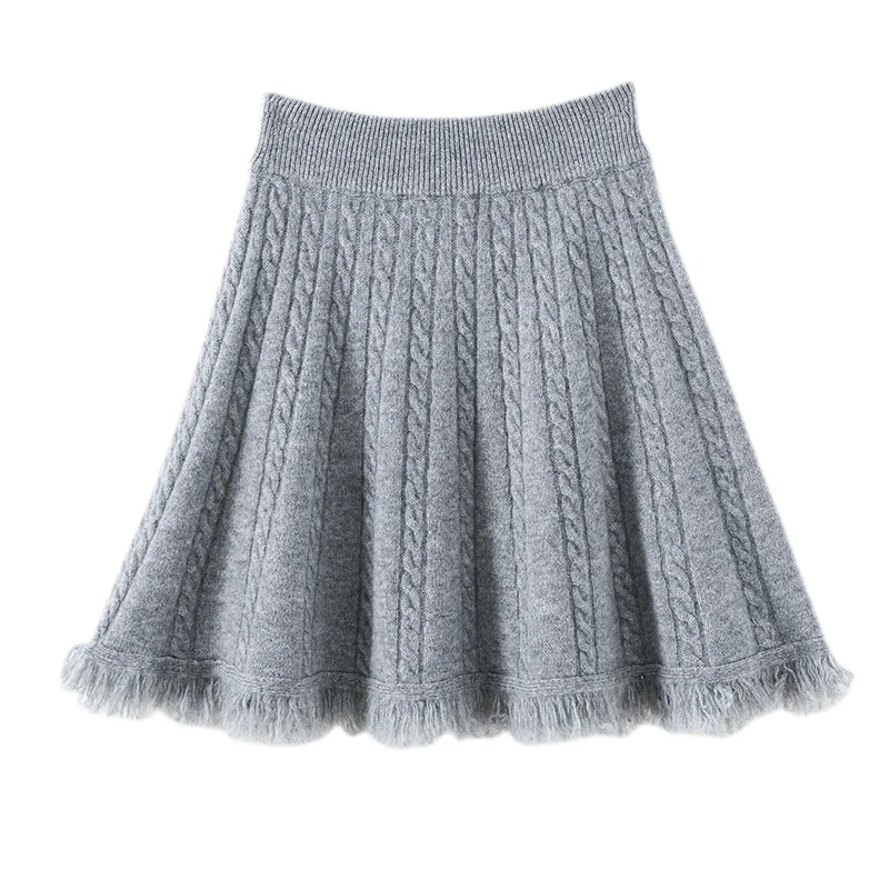 

Women's Woolen Pleated Short Skirt Autumn Winter Korea Style 100% Merino Wool Knitted Girl Tassel A-line High Waist Mini Skirt