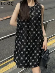 UCXQ Korean Style Sequin Sleeveless A-line Dress Elegant Diamond Flower Short Tank Top Dresses Women 2024 Spring Summer 23A8239