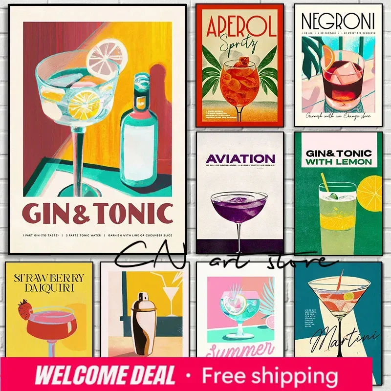 Póster de Arte Vintage con Bebidas: Mojito, Aperol, Gin y Tonic, Limón, Pintura de Diamantes, Impresiones Decorativas para Pared, Cuadro para Bar, Cafetería, Hogar