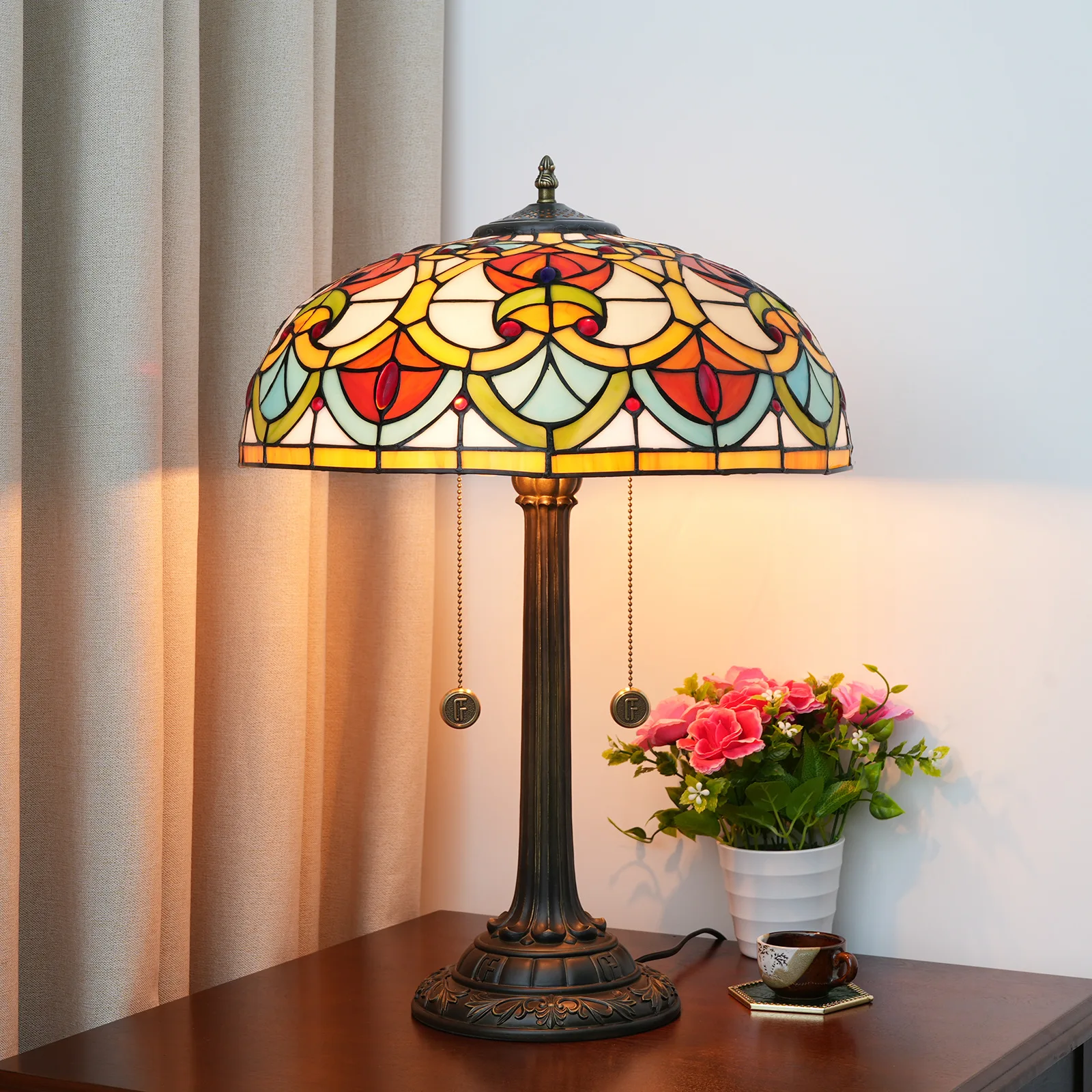 

Dia40cm Tiffany Stained Glass Desk Lamp American Country Peach Heart Beads Bedroom Bedside Home Office Table Lamp