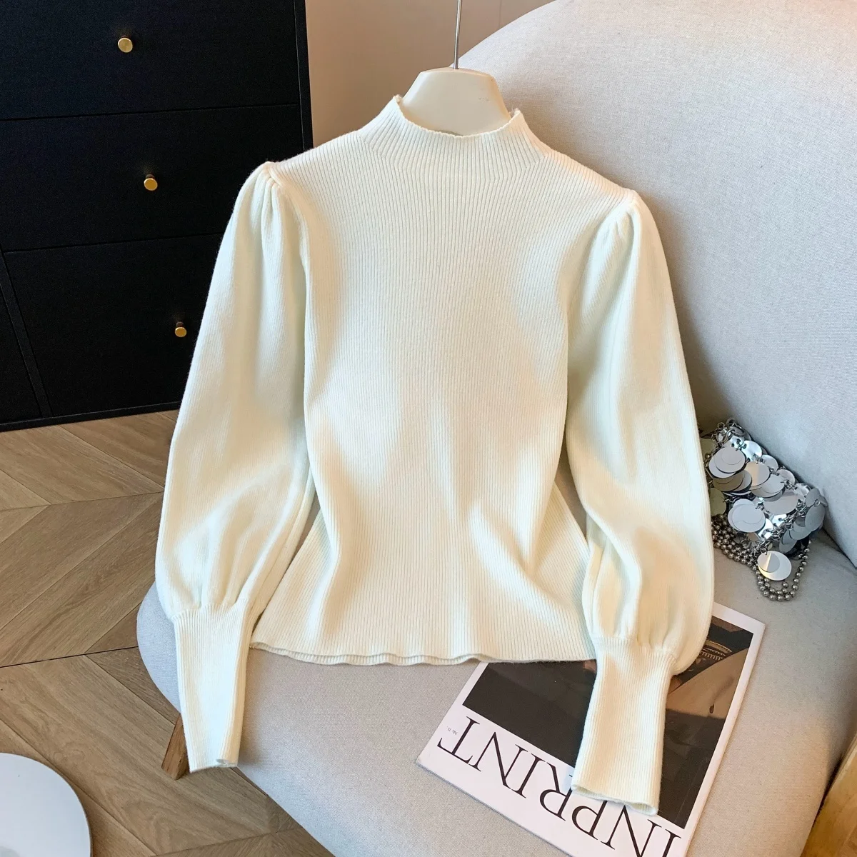 

Ele Knitted Knot Base irt Women's Winter Bell Sve Inner Wear Slimming Top Soft Nylon Fabric round Ne