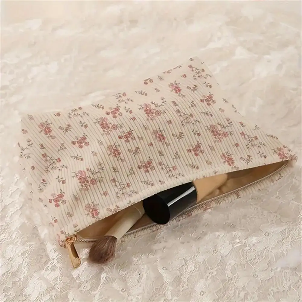 Collapsible Reusable Brush Holder Vintage Style Floral Print Cosmetic Bag with Zipper Closure Collapsible Makeup for Brushes