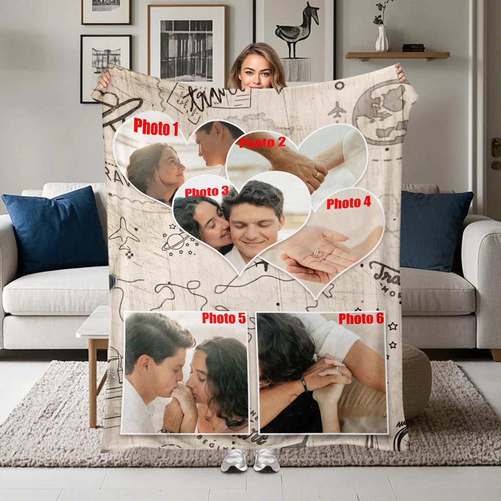 

Custom Photo Blanket With Heart And Plane Design Personalized Memorial Gift Warm Keepsake Throw Blanket Family Tribute