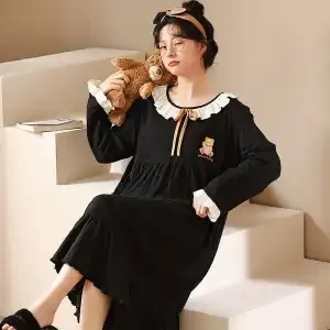 

Dot Print Nightgown Sleepwear Womens Korean Style Ruffles Night Dress One Piece Pajamas Autumn Long Sleeve Home Wear New In