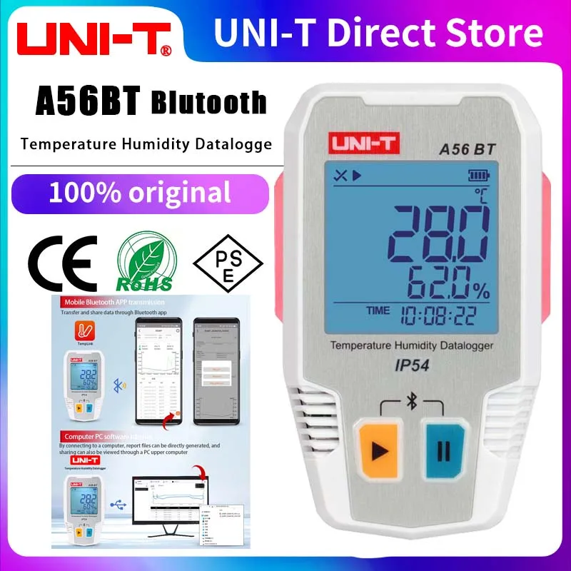 UNI-T A56 BT Bluetooth Temperature Humidity Datalogger Storage of 64000 Bluetooth temperature and humidity measurement data