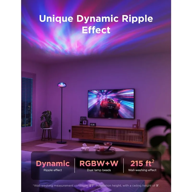 مصباح أرضي Uplighter لغرفة المعيشة، جهاز عرض RGBIC Ripple، مصباح أرضي لغرفة النوم يعمل مع المادة، منطقة إضاءة 215 قدمًا #4