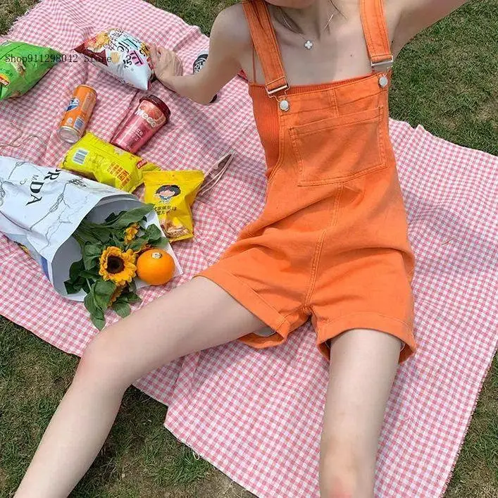 Summer and Autumn Casual Commuting Loose Thin Sweet Pure Color Denim Jumpsuit Shorts for Female Students