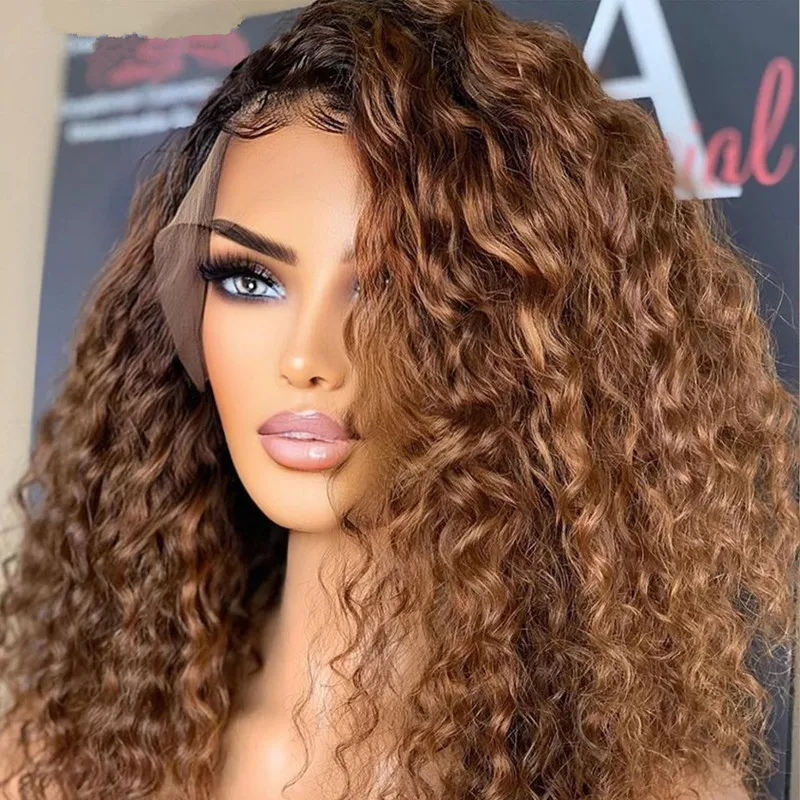 Ombre Braun Blond 180Density Kinky Curly 26 Zoll lange tiefe Lace Front Perücke für schwarze Frauen Babyhaar vorgezupft leimlos täglich