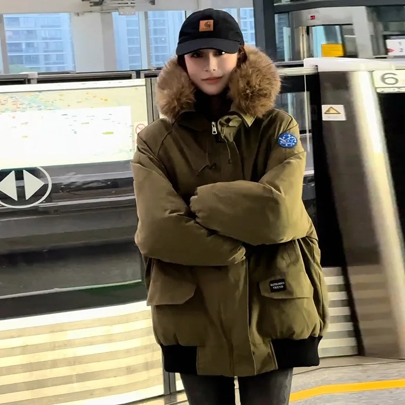 New Winter Thickened Workwear Down Cotton-padded Jacket Petite Women Korean-style Couple  A Large Fur Collar Overcoming Jacket