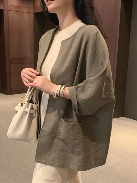 

Летняя коллекция 2026: Свободная женская рубашка из хлопка и льна, простой винтажный стиль, повседневная, устойчивая к деформации, стандартная длина, рукав 3/4