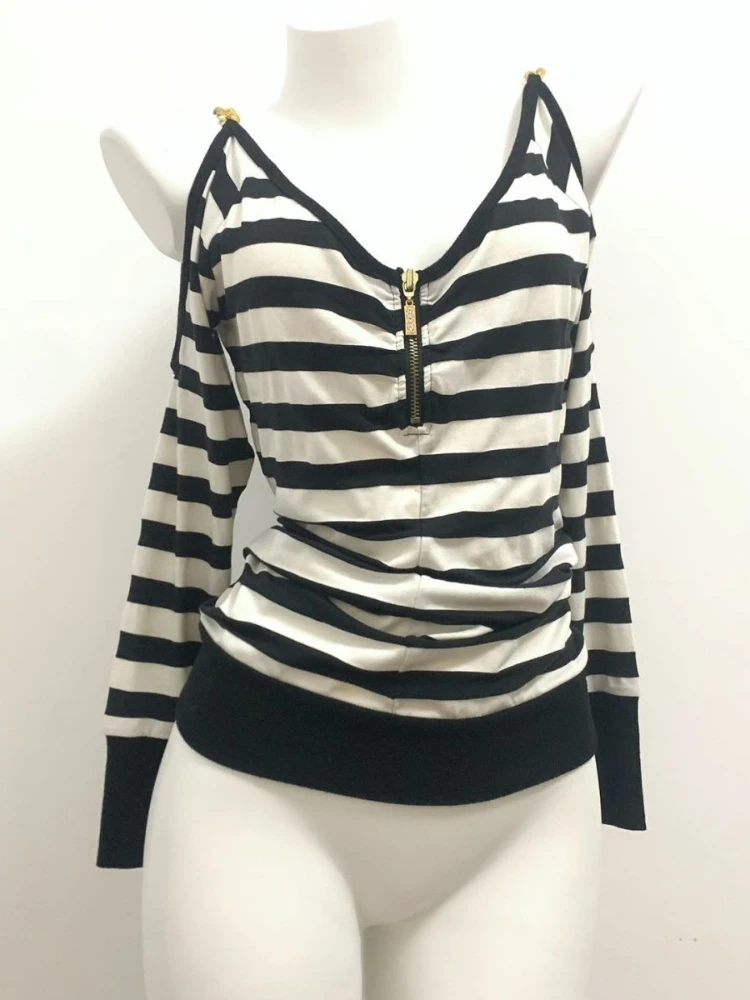 HOUZHOU Grunge Gothic Vintage Hoodies Women American Retro Streetwear Striped Patchwork Zipper V-neck Loose Sweatshirt 2024 Y2k