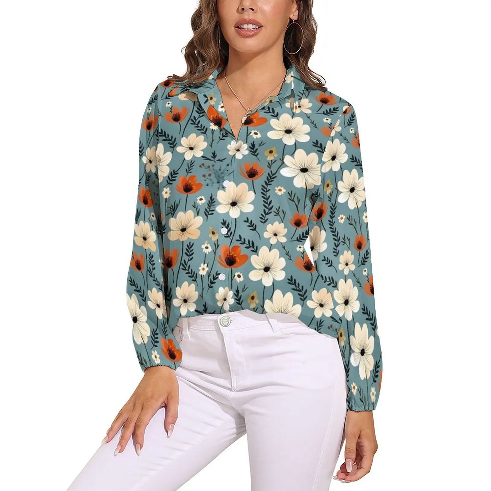 

Retro Flower Blouse Ditsy Floral Print Vintage Pattern Blouses Women Long Sleeve Casual Shirts Autumn Oversized Clothes