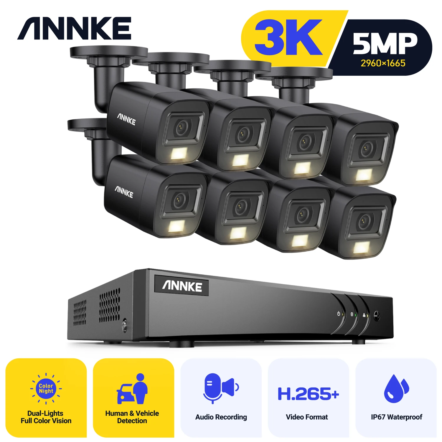 ANNKE 8CH 5MP Lite Video Security System CCTV Kit With 8X 5MP Built-in mic Waterproof Surveillance Cameras 5 IN1 H.265+ DVR