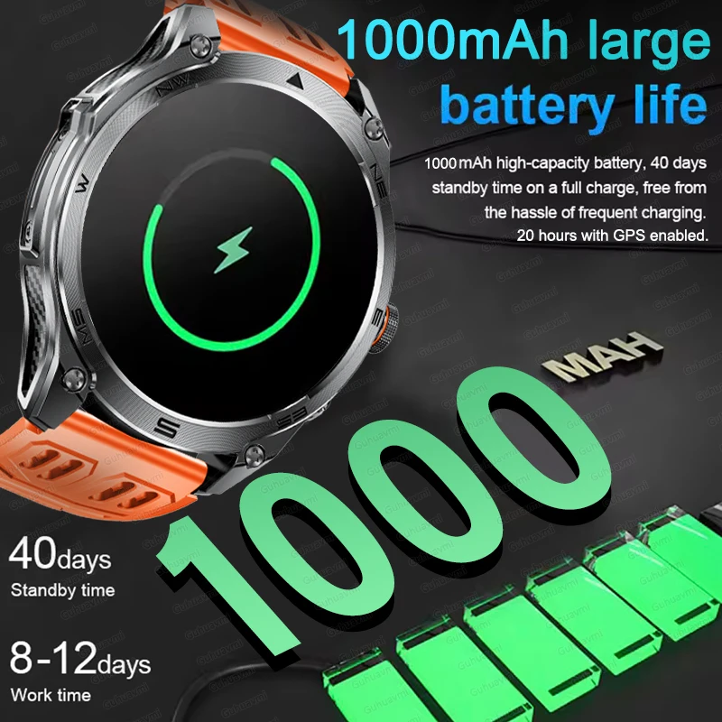 2025 New Military GPS Smart Watch 1000Mah Battery Compass 10ATM Waterproof Outdoor Sport Flashlight BT Call Smart Watch For Men