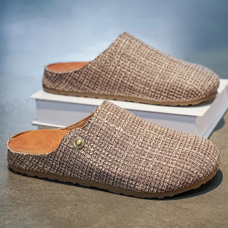 Big Size Mules Men Closed Toe Half Slippers Slip On Flats Sneakers Fabric Slide Sandals Backless Loafer Open-back Casual Shoes