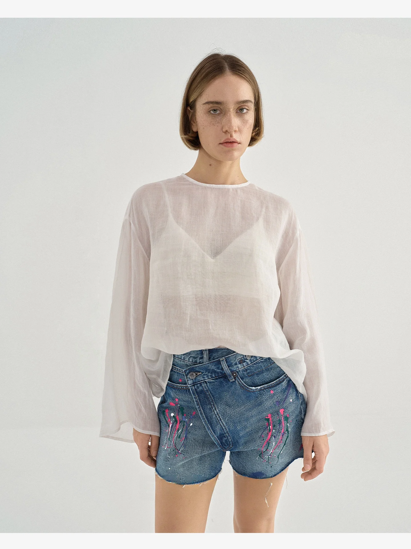 

Джинсы Mincollection Vintage Dye Splaid с эффектом потертости, с высокой талией, прямые, повседневные, летние, синие, из хлопка