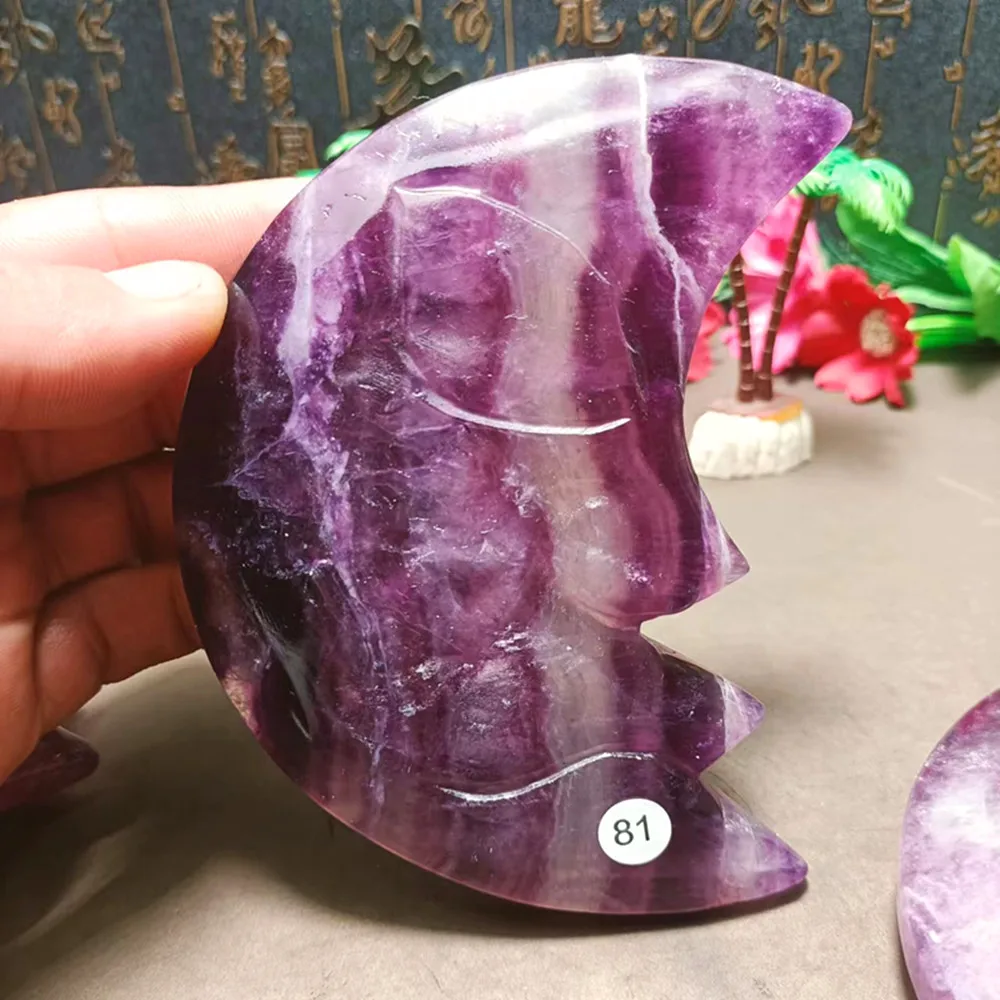 Natural Color Fluorite Engraving Moon Face Quartz Energy Mineral, Reiki, Home Decoration and Treatment