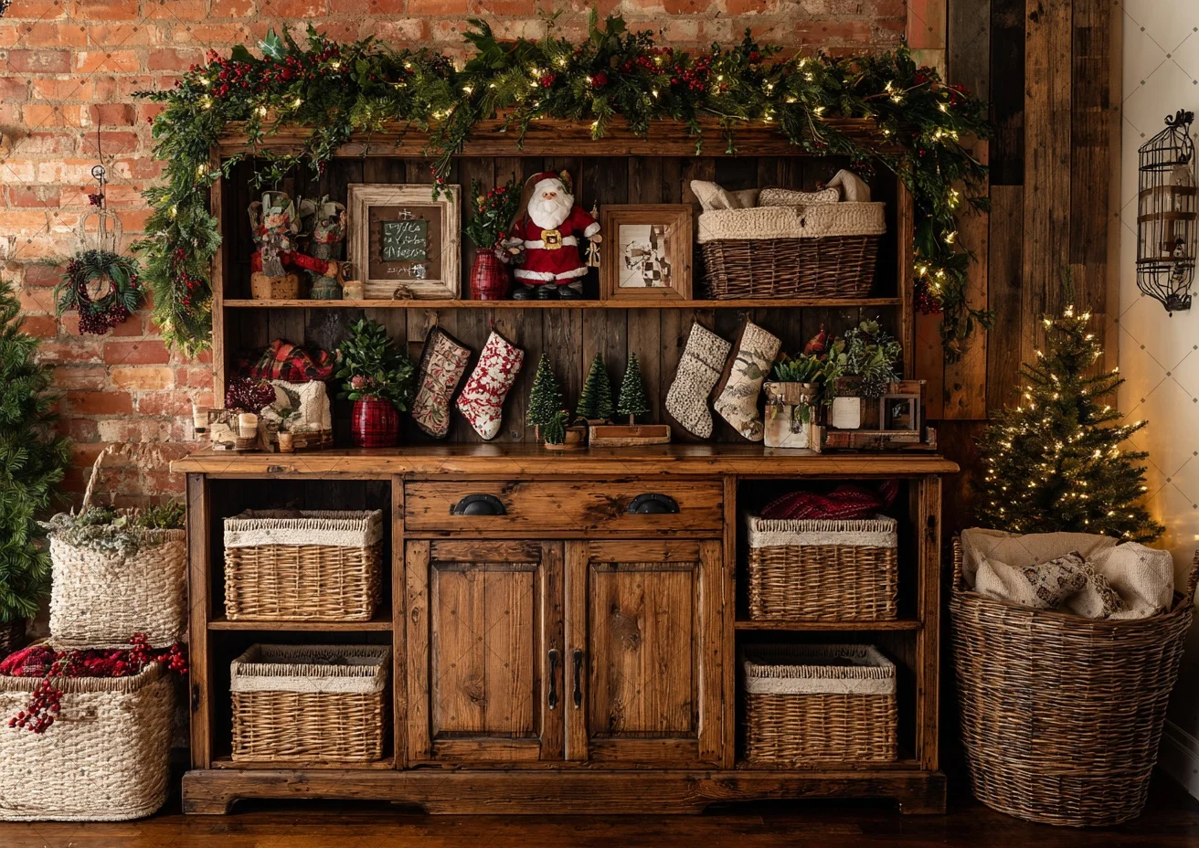 Rustic Cabinet Christmas Stockings Santa Decor Backdrop Xmas Festive Newborn Portrait Party Studio Photo Shooting Background
